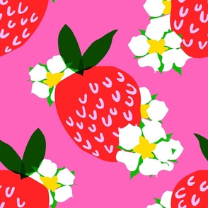 Strawberry Squared Hot Pink Summer Fruit And Flowers Retro Modern Grandmillennial Garden Floral Botany Red, Green, Yellow And White Scandi Kitchen Repeat Pattern