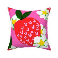 Strawberry Squared Hot Pink Big Summer Fruit And Flowers Retro Modern Grandmillennial Garden Floral Botany Red, Green, Yellow And White Scandi Kitchen Repeat Pattern