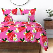 Strawberry Squared Hot Pink Big Summer Fruit And Flowers Retro Modern Grandmillennial Garden Floral Botany Red, Green, Yellow And White Scandi Kitchen Repeat Pattern