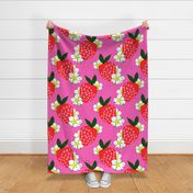 Strawberry Squared Hot Pink Big Summer Fruit And Flowers Retro Modern Grandmillennial Garden Floral Botany Red, Green, Yellow And White Scandi Kitchen Repeat Pattern