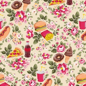 Fun Fast Food Floral - green and pink 