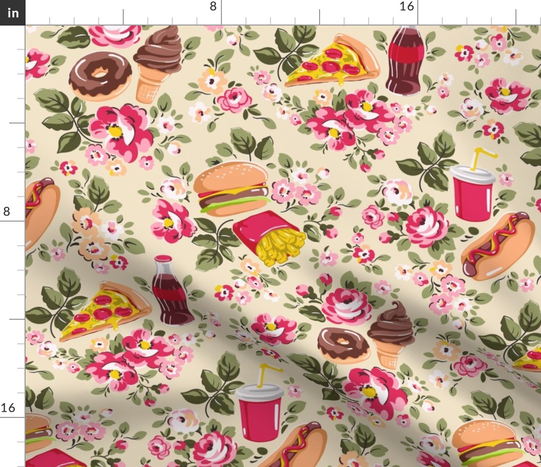 Fun Fast Food Floral - green and pink 