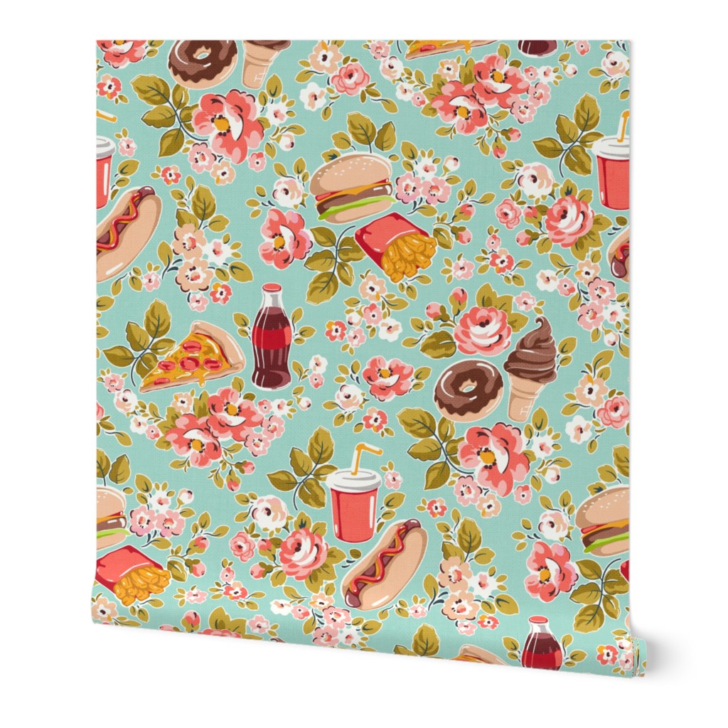 Fun Fast Food Floral - coral pink and mint 