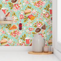 Fun Fast Food Floral - coral pink and mint 