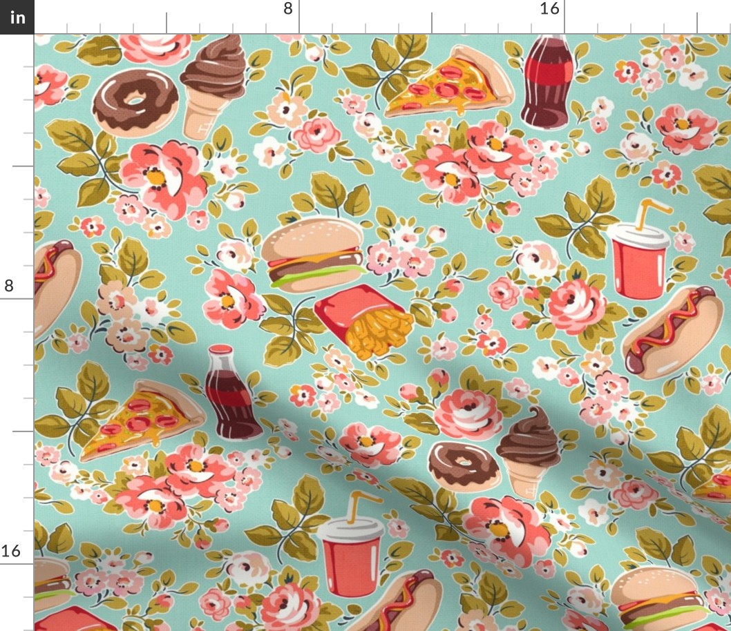 Fun Fast Food Floral - coral pink and mint 