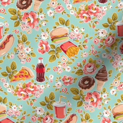 Fun Fast Food Floral - coral pink and mint, small 