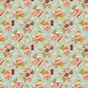 Fun Fast Food Floral - coral pink and mint, small 