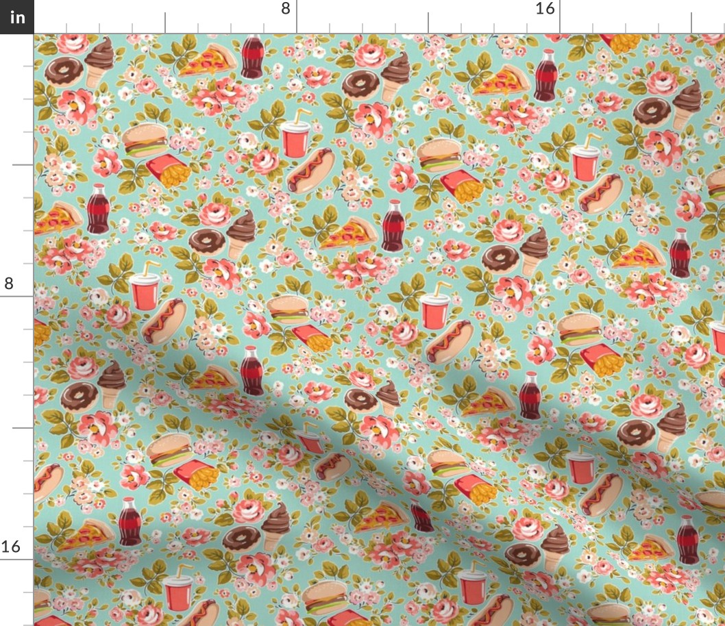 Fun Fast Food Floral - coral pink and mint, small 