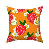 Strawberry Squared Orange Mini Summer Fruit And Flowers Retro Modern Grandmillennial Garden Floral Botany Red, Green, Yellow And White Scandi Kitchen Repeat Pattern