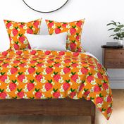 Strawberry Squared Orange Mini Summer Fruit And Flowers Retro Modern Grandmillennial Garden Floral Botany Red, Green, Yellow And White Scandi Kitchen Repeat Pattern
