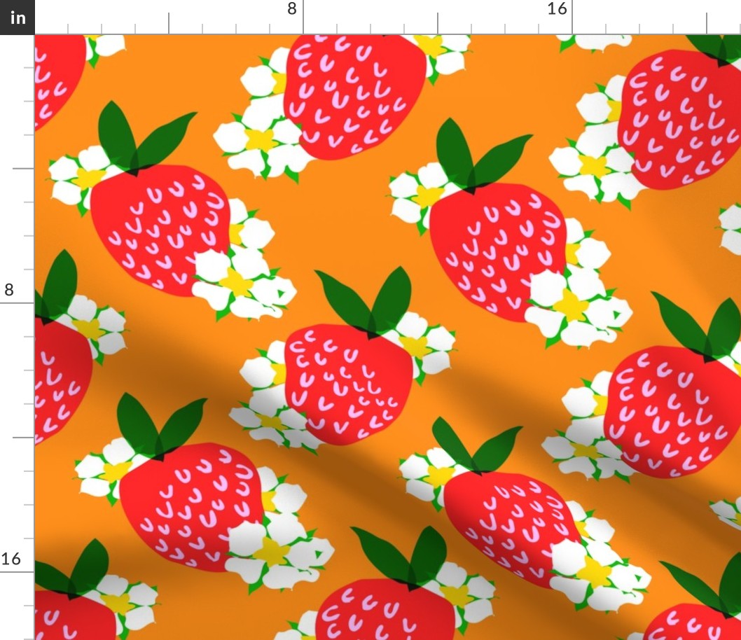 Strawberry Squared Orange Mini Summer Fruit And Flowers Retro Modern Grandmillennial Garden Floral Botany Red, Green, Yellow And White Scandi Kitchen Repeat Pattern