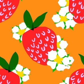 Strawberry Squared Orange Summer Fruit And Flowers Retro Modern Grandmillennial Garden Floral Botany Red, Green, Yellow And White Scandi Kitchen Repeat Pattern