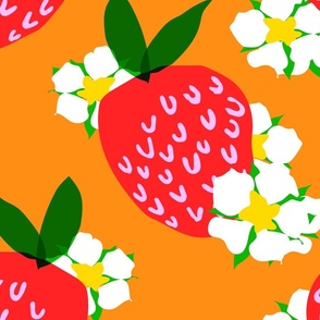 Strawberry Squared Big Orange Summer Fruit And Flowers Retro Modern Grandmillennial Garden Floral Botany Red, Green, Yellow And White Scandi Kitchen Repeat Pattern