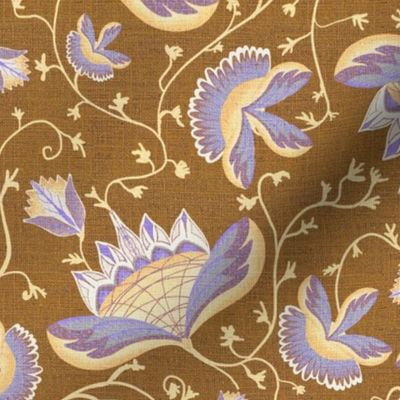 12” repeat Art deco floral whimsy,  handdrawn boho botanicals with faux woven burlap texture in pale yellow, pale blue and violet  on brown