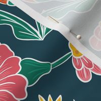 Daisy Chintz - orange and dark teal