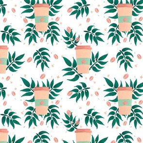 coffee cups and tropical leaves - peach and green on white 