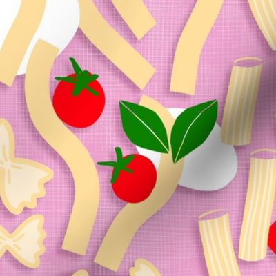 (M) Fresh Italian Pasta food illustration with cherry tomatoes, basil and mozzarella on retro pink - Happy Kitchen Decor, foody Table linens... 