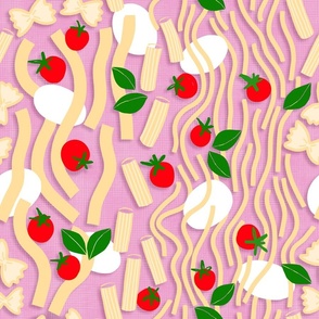 (M) Fresh Italian Pasta food illustration with cherry tomatoes, basil and mozzarella on retro pink - Happy Kitchen Decor, foody Table linens... 