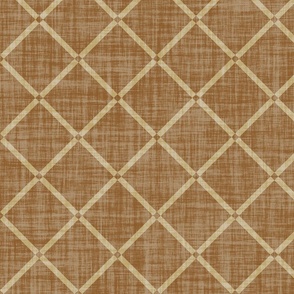 Minimal diagonal trellis on subtle linen texture, sandy beige lattice grid on caramel brown