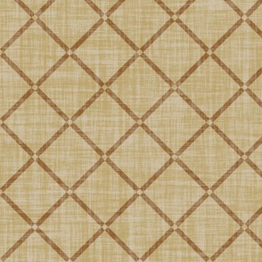 Minimal diagonal trellis on subtle linen texture, caramel brown lattice grid on sandy beige