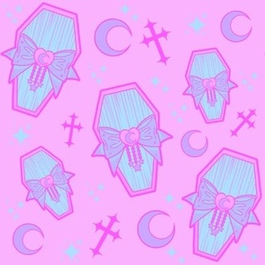 Pastel Blue Coffins With Bows, Moons, and Crosses, Pink Colorway