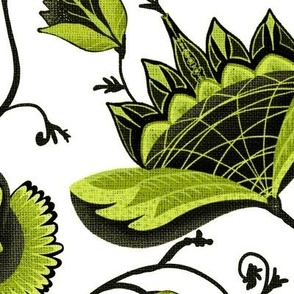 24” repeat Art deco floral whimsy,  handdrawn boho botanicals with faux woven burlap texture in monochrome greens  on white