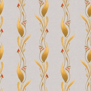 Large Scale // Art Nouveau Botanical Stripes in Olive Gold and Red watercolor on Light Grey 
