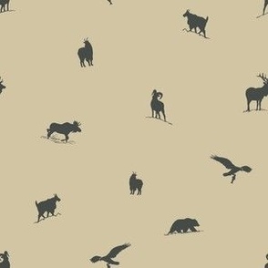 Alpine Silhouettes (Medium Scale) 240604 / Hand drawn woodland animals neutral fall black and beige print of silhouettes with moose, buck deer, mountain goat, bighorn sheep