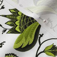 12” repeat Art deco floral whimsy,  handdrawn boho botanicals with faux woven burlap texture in monochrome greens  on white