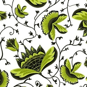 12” repeat Art deco floral whimsy,  handdrawn boho botanicals with faux woven burlap texture in monochrome greens  on white