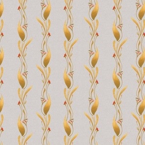 Medium Scale // Art Nouveau Botanical Stripes in Olive Gold and Red watercolor on Light Grey 