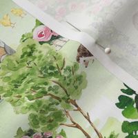 Large- Captivating Watercolor: Romantic Charming English Countryside Farm Life Depicted Through Hand-Painted Colorful Animals,Chickens Rooster Bunnies in the green Garden Village