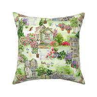 Large- Captivating Watercolor: Romantic Charming English Countryside Farm Life Depicted Through Hand-Painted Colorful Animals,Chickens Rooster Bunnies in the green Garden Village