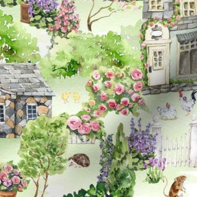 Large- Captivating Watercolor: Romantic Charming English Countryside Farm Life Depicted Through Hand-Painted Colorful Animals,Chickens Rooster Bunnies in the green Garden Village