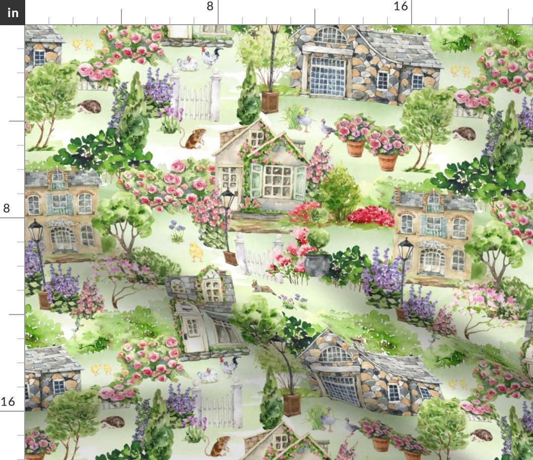 Large- Captivating Watercolor: Romantic Charming English Countryside Farm Life Depicted Through Hand-Painted Colorful Animals,Chickens Rooster Bunnies in the green Garden Village