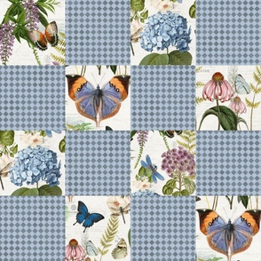 24" Cheater quilt Vintage Botanical Butterfly Floral in Blue by Audrey Jeanne