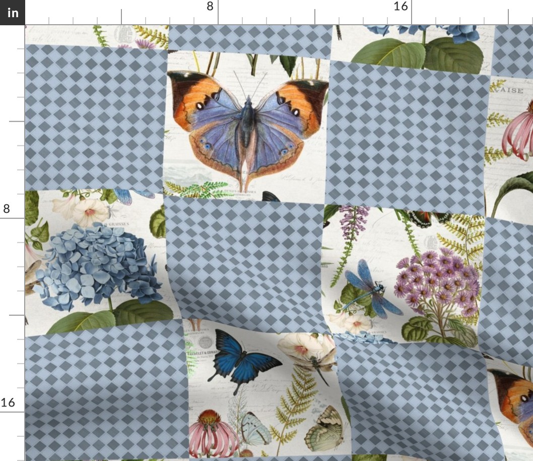 24" Cheater quilt Vintage Botanical Butterfly Floral in Blue by Audrey Jeanne