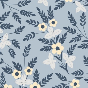 Jumbo Art Nouveau Folk Floral in slate blues and butter yellow