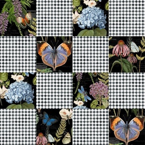 24" Cheater quilt Vintage Botanical Butterfly Floral in Black by Audrey Jeanne