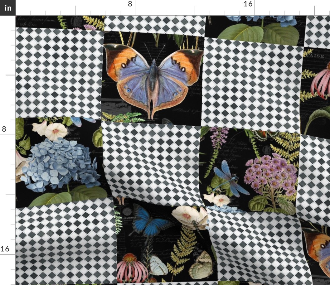 24" Cheater quilt Vintage Botanical Butterfly Floral in Black by Audrey Jeanne