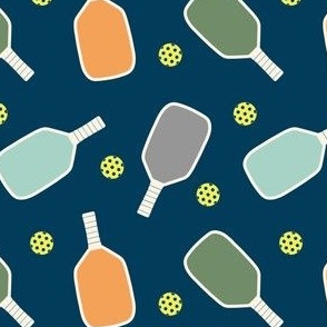 Pickleball - small scale gender neutral scattered pickleball paddles and balls on dark blue background