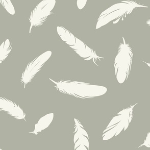 Bird Feathers // Large Scale // Ivory and Sage Green Boho Pattern