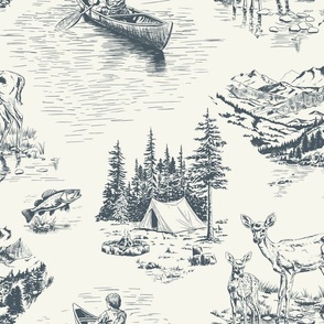 Outdoorsy Wilderness Toile de Jouy // Large Scale // Vintage Illustrative Style Pattern in Classic Slate Blue and Creamy White Colors