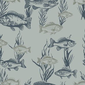 Green Monochromatic Fish Toile // Large Scale // Outdoorsy Fishing Print