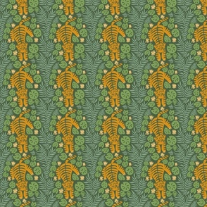 Tiger in the jungle on dark green with monstera and fern leaves 4in medium repeat