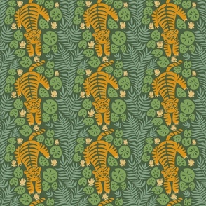 Tiger in the jungle on dark green with monstera and fern leaves 6in Large repeat