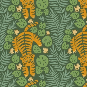 Tiger in the jungle on dark green with monstera and fern leaves 12in JUMBO repeat