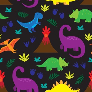 Colorful Dinosaurs - large scale bright colorful dinos on black background perfect for kids bedrooms and play spaces
