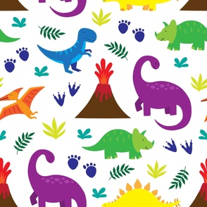 Colorful Dinosaurs - large scale bright colorful dinosaurs on white background perfect for kids bedrooms and play spaces