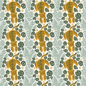 Tiger in the jungle in light green with monstera and fern leaves 6in Large repeat